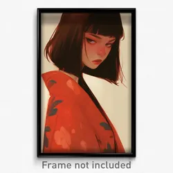 Art Poster - Girl Feeling Unsure Wearing Ragged Red Kimono (Art Print)