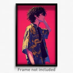 Anime Art Poster - Boy Feeling Enjoyment Wearing Creative Two Tone Shirt (Print)