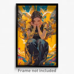 Anime Art Poster - Girl Feeling Strong Wearing Gray Yellow Wings (Print)