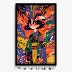 Anime Art Poster - Girl Feeling Grumpiness, Worldly Multicolored Kimono (Print)