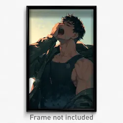 Anime Art Poster - Man Feeling Yawning Wearing Drab Sleeveless Jacket (Print)
