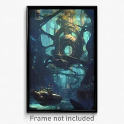 Art Poster - A Steampunk Submarine Exploring Underwater Ruins