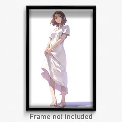 Anime Art Poster - Woman Feeling Reluctant Wearing Sturdy White Dress (Print)