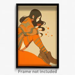 Anime Art Poster - Woman Feeling Curiosity Wearing Soft Orange Legwear (Print)