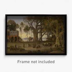 Auguste Borget - Moonlit Scene of Indian Figures and Elephants among Banyan Trees, Upper India (probably Lucknow)