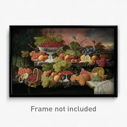 Severin Roesen - Two-Tiered Still Life with Fruit and Sunset Landscape