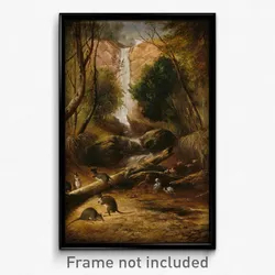 John Skinner Prout - (Bush landscape with waterfall and an aborigine stalking native animals, New South Wales)