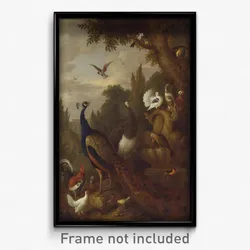 Jacob Bogdani - Peacock, peahen, parrots, canary, and other birds in a park