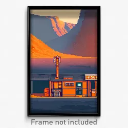 Pixel Art Poster - Orange Outpost (8 Bit Psychedelic Trippy Video Game Print)
