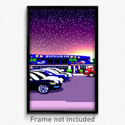 Pixel Art Poster - Starry Car Dealership (8 Bit Psychedelic Video Game Print)