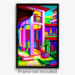 Pixel Art Poster - Colorful Villa (8 Bit Psychedelic Trippy Video Game Print)