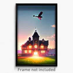 Pixel Art Poster - Flying Manor (8 Bit Psychedelic Trippy Video Game Print)