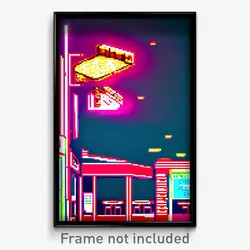 Pixel Art Poster - Smoggy Pizza Shop (8 Bit Psychedelic Trippy Video Game Print)