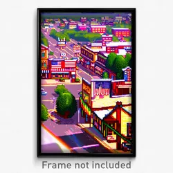 Pixel Art Poster - Unique American Town (8 Bit Psychedelic Video Game Print)