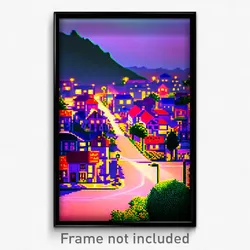 Pixel Art Poster - Homely Small Town (8 Bit Psychedelic Trippy Video Game Print)