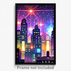 Pixel Art Poster - Starry City (8 Bit Psychedelic Trippy Weird Video Game Print)