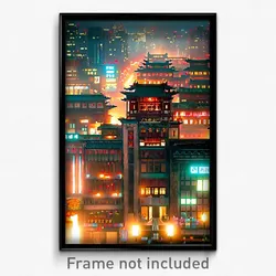 Pixel Art Poster - Wiry Chinese City (8 Bit Psychedelic Trippy Video Game Print)