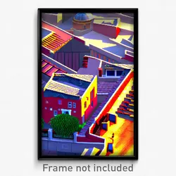 Pixel Art Poster - Upbeat Rooftops (8 Bit Psychedelic Trippy Video Game Print)