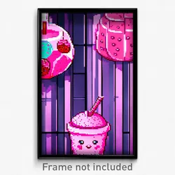 Pixel Art Poster - Pink Boba Tea (8 Bit Psychedelic Trippy Video Game Print)