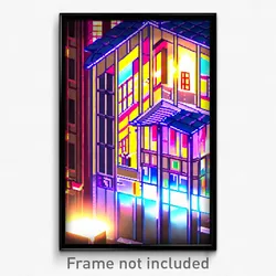 Pixel Art Poster - Tiny Anime Architecture (8 Bit Psychedelic Video Game Print)