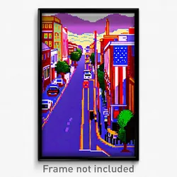 Pixel Art Poster - Harmonious American Town (8 Bit Psychedelic Video Game Print)