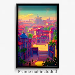 Pixel Art Poster - Grandiose Exotic Town (8 Bit Psychedelic Video Game Print)