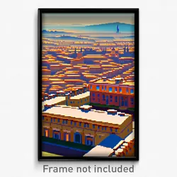 Pixel Art Poster - Rectangular Spanish City (8 Bit Psychedelic Video Game Print)