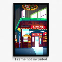 Pixel Art Poster - Giant Pizza Shop (8 Bit Psychedelic Trippy Video Game Print)