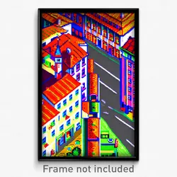 Pixel Art Poster - Fruity European City (8 Bit Psychedelic Video Game Print)