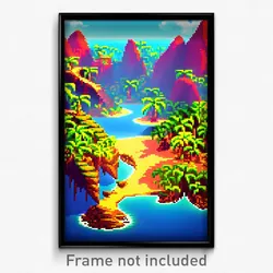 Pixel Art Poster - Deadly Exotic Island (8 Bit Psychedelic Video Game Print)
