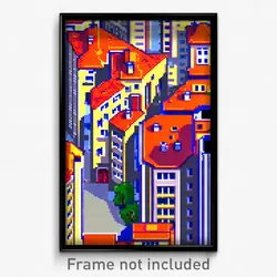 Pixel Art Poster - Flat European City (8 Bit Psychedelic Video Game Print)