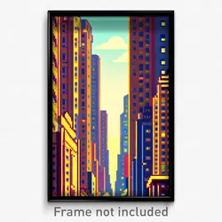 Pixel Art Poster - Animated American City (8 Bit Psychedelic Video Game Print)