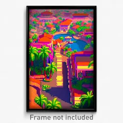 Pixel Art Poster - Harmonious Exotic Town (8 Bit Psychedelic Video Game Print)