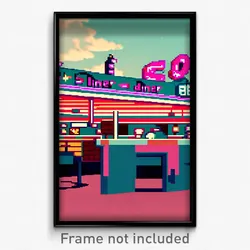 Pixel Art Poster - Puzzling 50'S Diner (8 Bit Psychedelic Video Game Print)