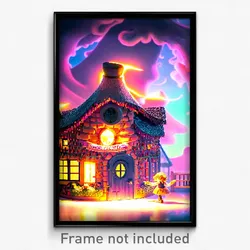 Pixel Art Poster - Swirly Cottage (8 Bit Psychedelic Trippy Video Game Print)