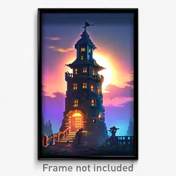 Pixel Art Poster - Haunted Tower (8 Bit Psychedelic Trippy Video Game Print)