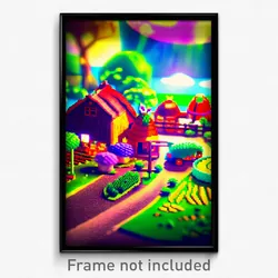 Pixel Art Poster - Colorful Farm (8 Bit Psychedelic Trippy Video Game Print)