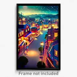 Pixel Art Poster - Starry American Town (8 Bit Psychedelic Video Game Print)