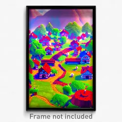 Pixel Art Poster - Rosy Village (8 Bit Psychedelic Trippy Video Game Print)