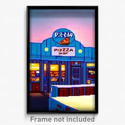 Pixel Art Poster - Sky Blue Pizza Shop (8 Bit Psychedelic Video Game Print)