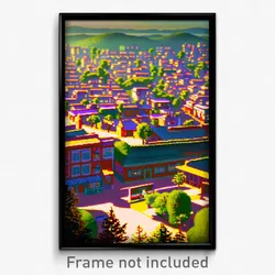 Pixel Art Poster - Wide Small Town (8 Bit Psychedelic Trippy Video Game Print)