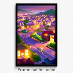 Pixel Art Poster - Extra Large Small Town (8 Bit Psychedelic Video Game Print)