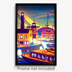 Pixel Art Poster - Quirky Shipyard (8 Bit Psychedelic Trippy Video Game Print)