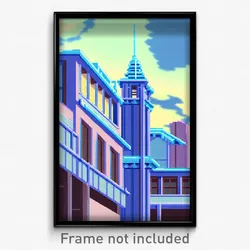 Pixel Art Poster - Light Blue Anime Architecture (8 Bit Video Game Print)