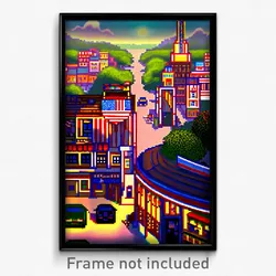 Pixel Art Poster - Elaborate American Town (8 Bit Psychedelic Video Game Print)