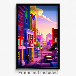 Pixel Art Poster - Imaginative American Town (8 Bit Video Game Print)
