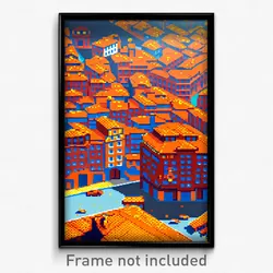 Pixel Art Poster - Orange Spanish City (8 Bit Psychedelic Video Game Print)