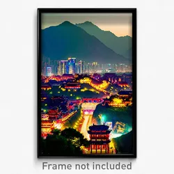 Pixel Art Poster - Mountainous Chinese City (8 Bit Psychedelic Video Game Print)
