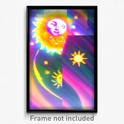 Pixel Art Poster - Glitch Art Sun And Moon (8 Bit Psychedelic Video Game Print)