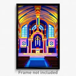 Pixel Art Poster - Bright Synagogue (8 Bit Psychedelic Trippy Video Game Print)